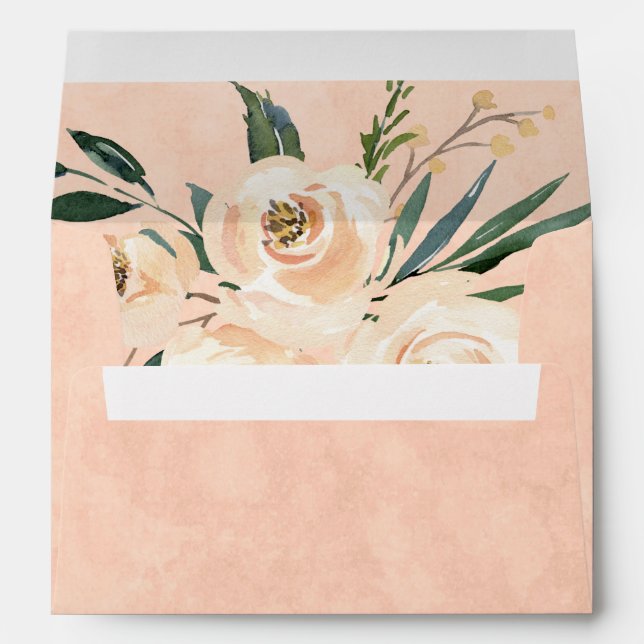 Floral Beige Blush Roses Gold on Pink Wedding Enve Envelope (Back (Bottom))
