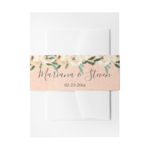 Floral Beige Blush Roses Gold on Pink Wedding Invi Invitation Belly Band