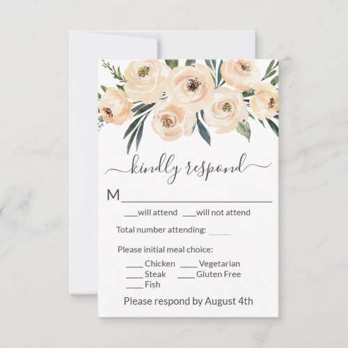 Floral Beige Blush Roses Gold on White RSVP Card