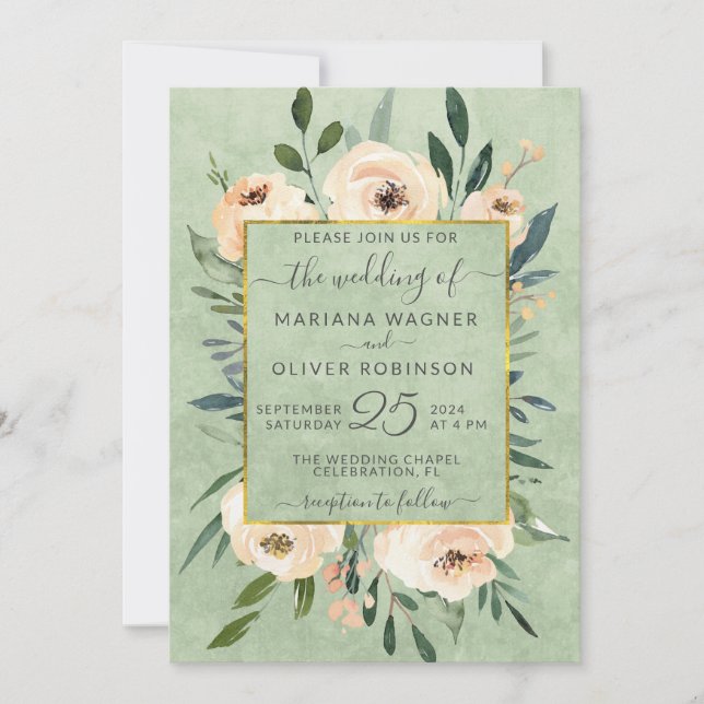 Floral Beige Blush Roses Gold Sage Green Wedding Invitation (Front)