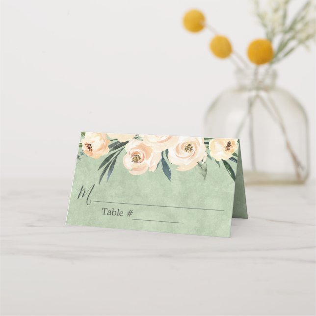 Floral Beige Blush Sage Green Wedding Place Card (Front)