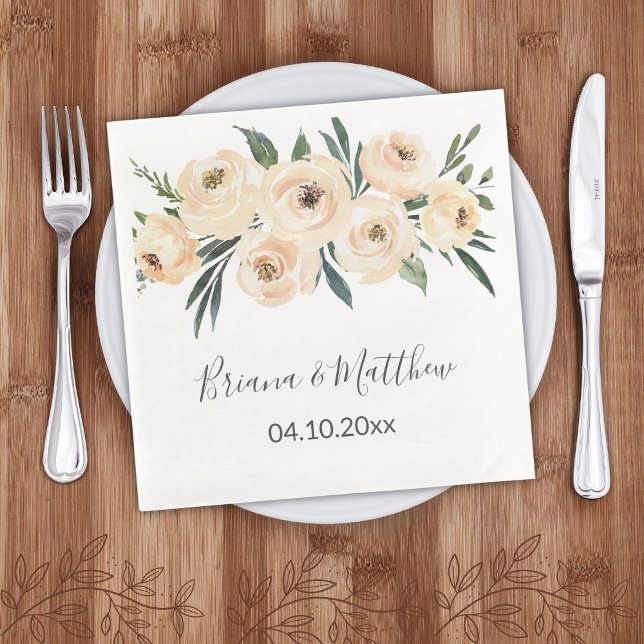 Floral Beige Blush White Wedding Paper Dinner Napkins (Creator Uploaded)