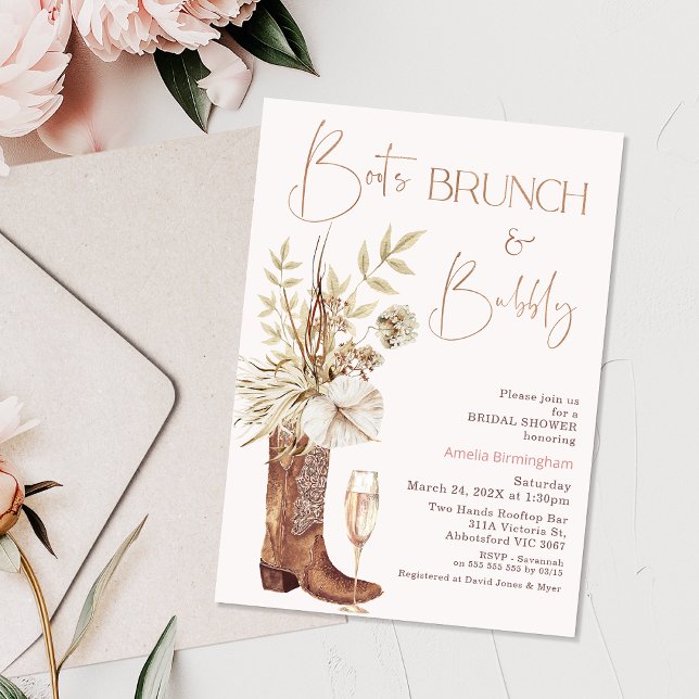 Floral Beige Boots Brunch Bubbly Bridal Shower Invitation (Boho Beige Boot Brunch Bridal Shower Invitation Template, Floral Cowgirl Boot Bridal Shower Invite)