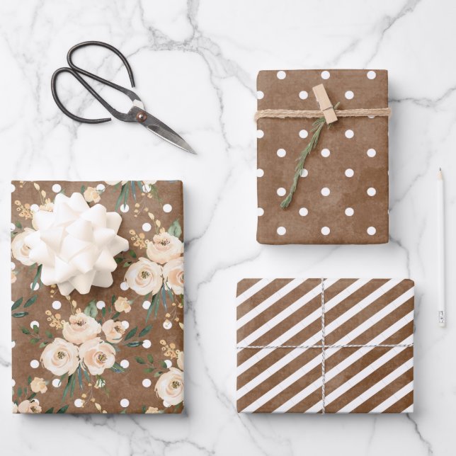 Floral Beige Brown Wedding Wrapping Paper Sheets (Front)