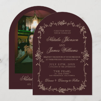 Floral Beige Burgundy Old Money Arched Wedding Invitation
