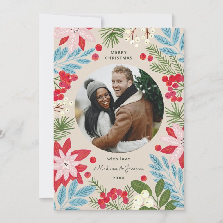 Floral beige Christmas Holiday Card