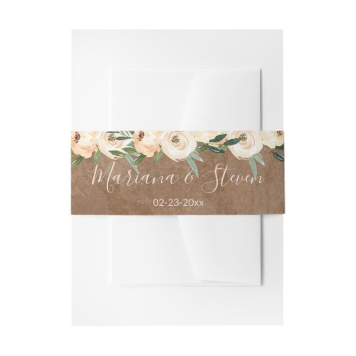 Floral Beige Gold on Brown Wedding Inv Invitation Belly Band