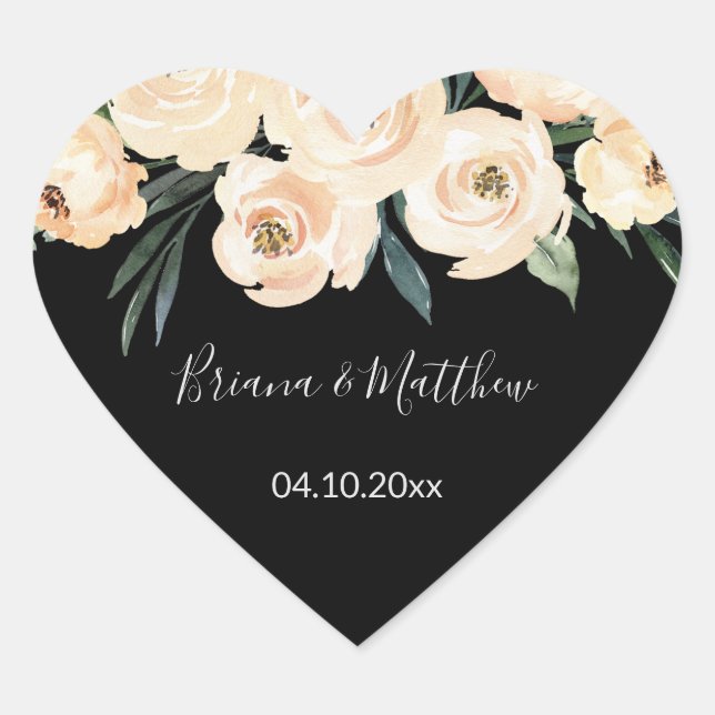 Floral Beige on Black Wedding Favors Heart Sticker (Front)