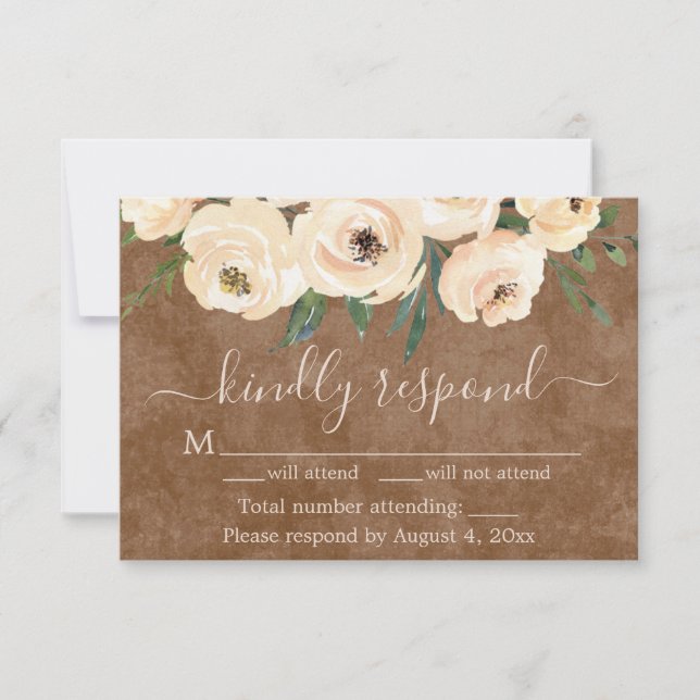 Floral Beige Roses Gold Brown RSVP Card (Front)