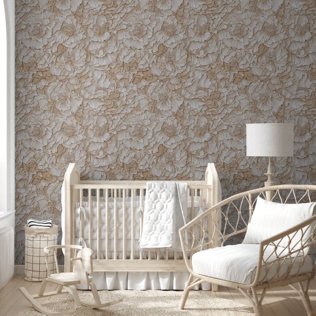 Floral beige white cream peony rose pattern chic wallpaper  (Kids)