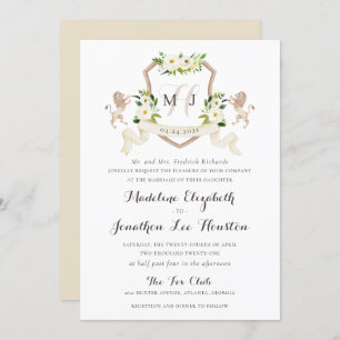 Floral Beige White Greenery Elegant Ivory Crest Invitation