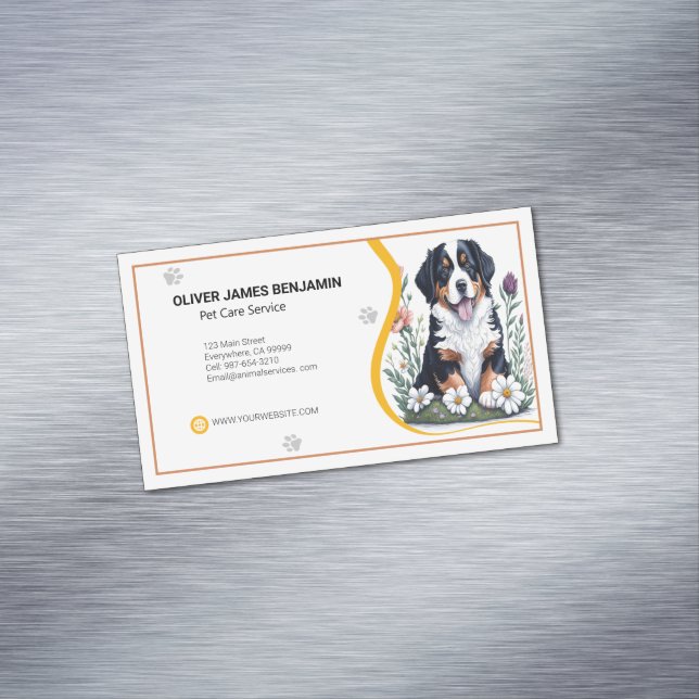 Floral Bernese Mountain Dog Pet Care Service Business Card Magnet (In Situ)