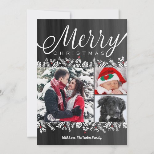 Floral  Berries Chalkboard Merry Christmas Photo Holiday Card