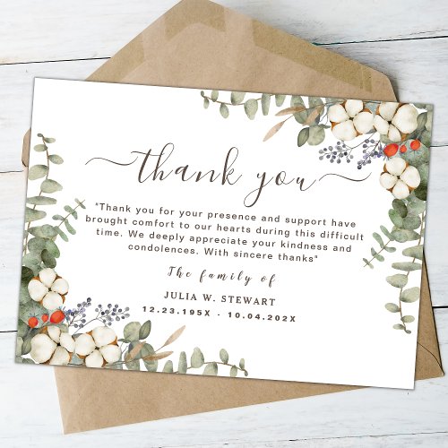 Floral Berries Eucalyptus Funeral Thank You Note Card