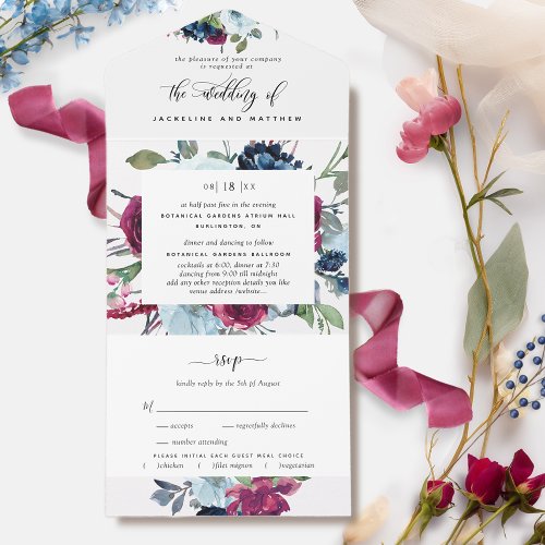 Floral Berry Blue Burgundy Wedding Tear Off RSVP All In One Invitation