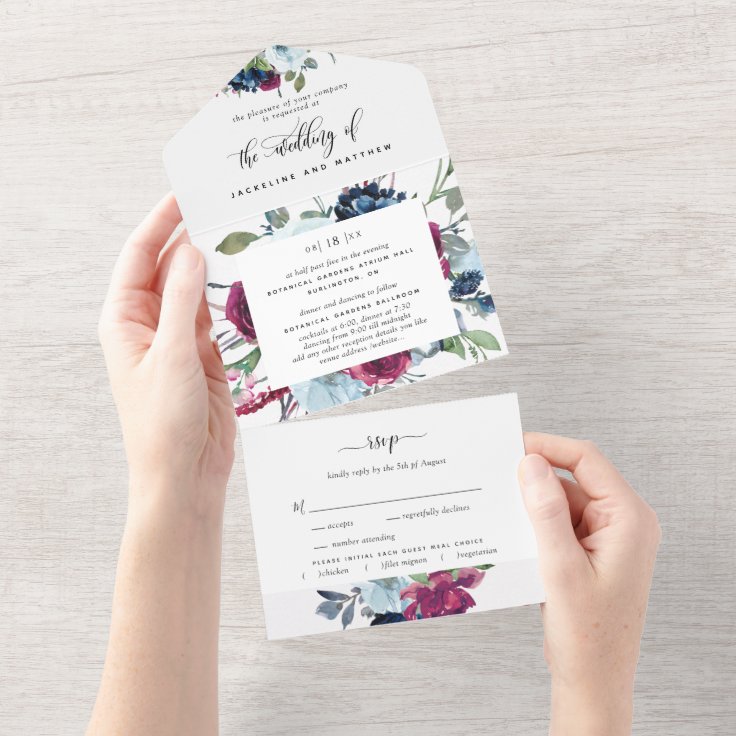 Floral Berry Blue Burgundy Wedding Tear Off RSVP All In One Invitation