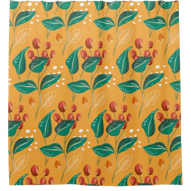 Floral berry leaves. Yellow fall botanical pattern Shower Curtain (Front)