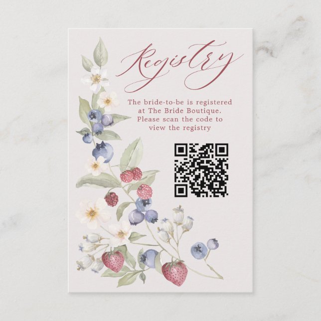 Floral Berry Sweet Bridal Shower QR Code Registry Enclosure Card (Front)
