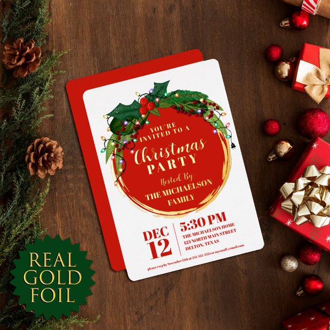 Floral Berry Wreath Christmas Lights Gold Foil Invitation (Creator Uploaded)