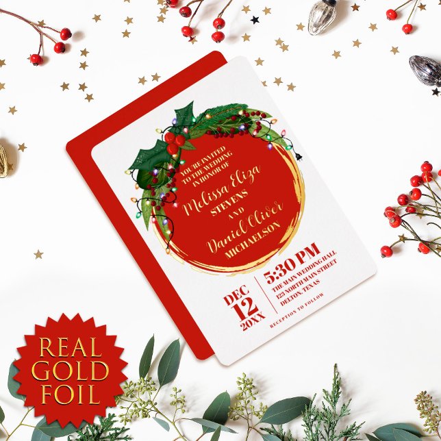Floral Berry Wreath Christmas Lights Wedding Foil Invitation (Creator Uploaded)