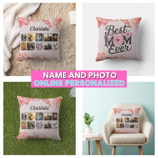 Floral Best Mom Ever Script Mother's Photo Collage Throw Pillow
