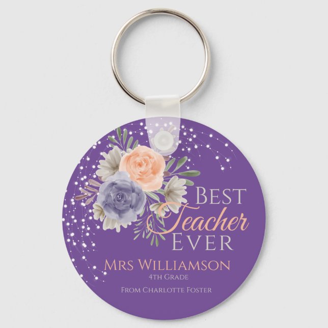 Floral Best Teacher Ever Peony Rose Purple Keychain (Front)