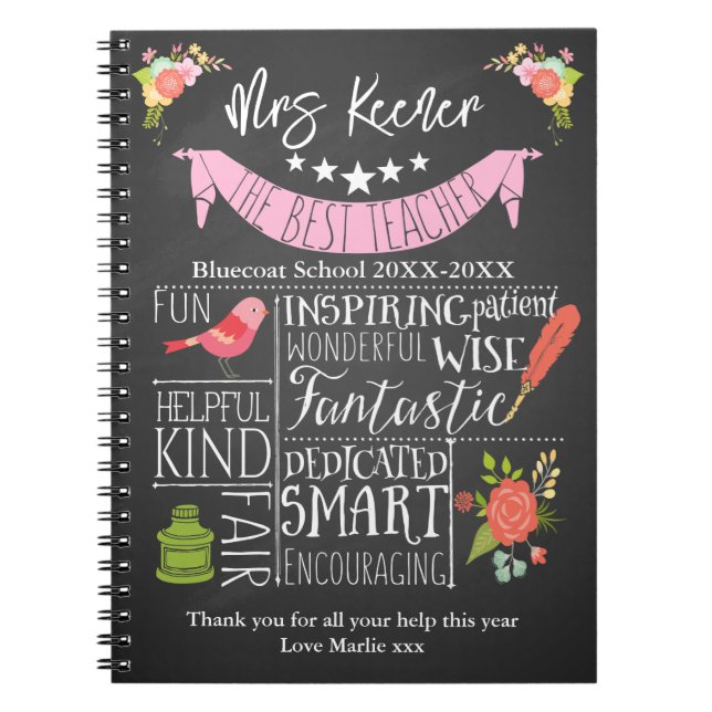 floral Best Teacher retirement leaving gift Notebook (Front)