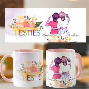  Floral Besties BFF Cute Illustration Best Friends Mug