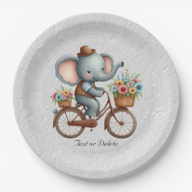 Floral Bicycle Elephant Paper Plate (Front)