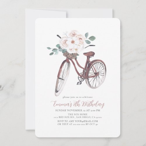 Floral Bicycle Girl Watercolor Birthday Invitation