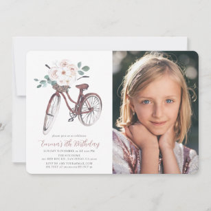 Floral Bicycle Girl Watercolor Birthday Photo Invitation