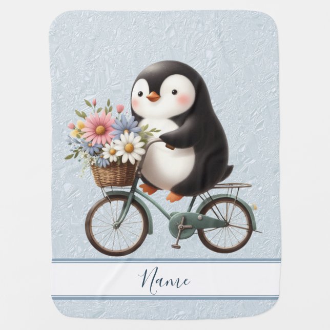 Floral Bicycle Penguin Baby Blanket (Front)