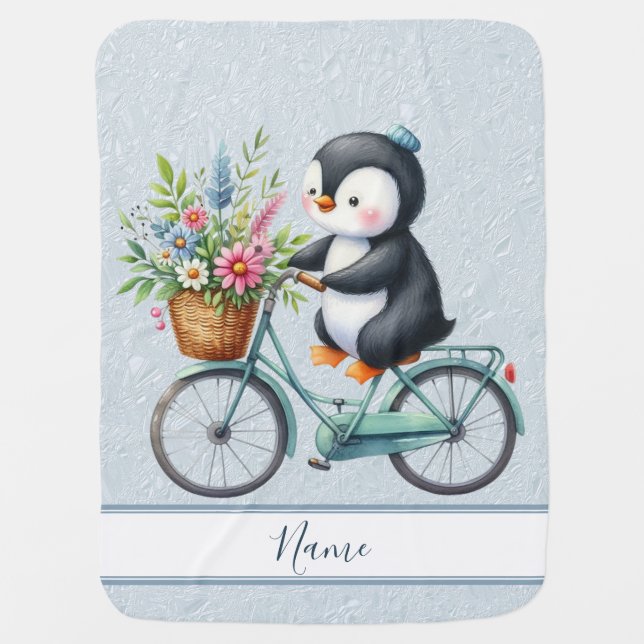 Floral Bicycle Penguin Baby Blanket (Front)
