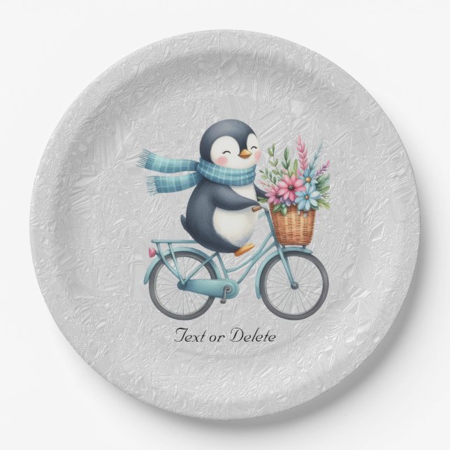 Floral Bicycle Penguin Paper Plate (Front)