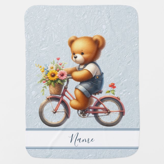 Floral Bicycle Teddy Bear Baby Blanket (Front)