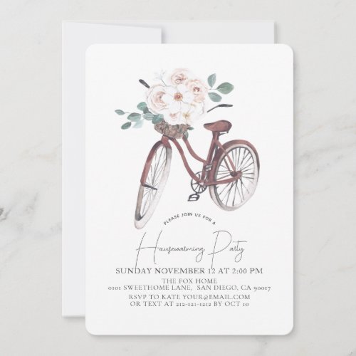 Floral Bicycle Watercolor Housewarming Party Invitation