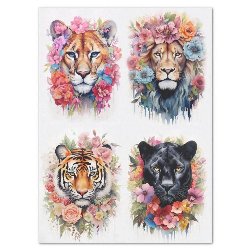 Floral Big Cats Multi Decoupage Tissue Paper