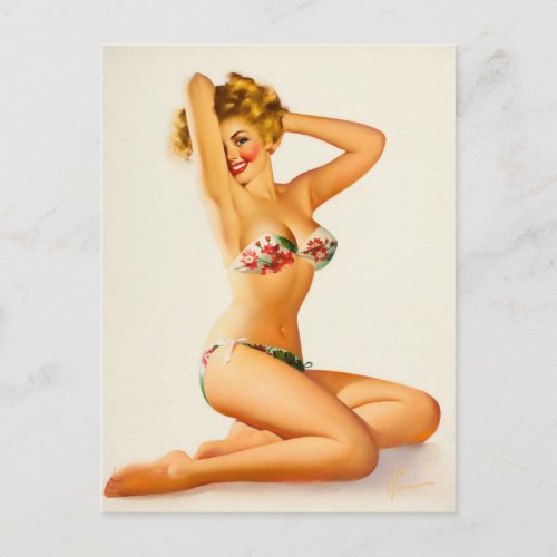 Floral Bikini Pin Up Art Postcard