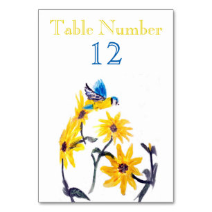 Floral Bird Art, Blue Tit Sunflowers Table Number