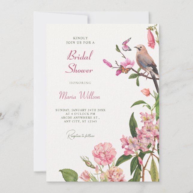 Floral bird art bridal shower invitation (Front)