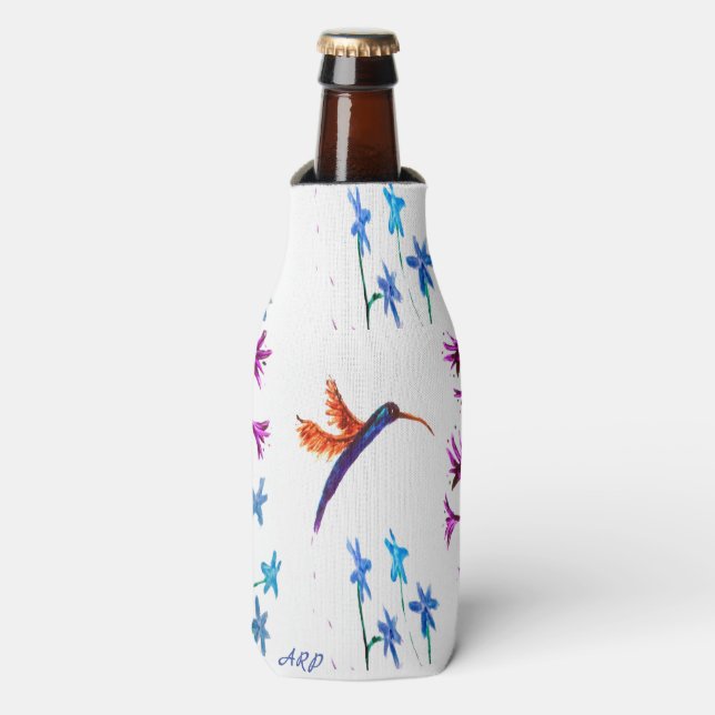 Floral Bird Art Hummingbird Flowers Personalized Bottle Cooler (Bottle Front)