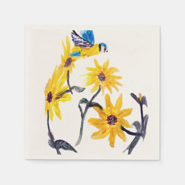 Floral Bird Art Yellow Sunflowers Napkins (Front)