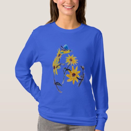 Floral Bird Art Yellow Sunflowers T_Shirt