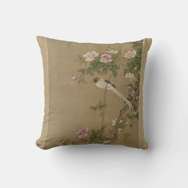 Floral Bird Asian Antique Style  Throw Pillow (Front)