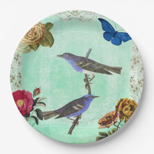 Floral Bird Butterfly Vintage French Style Collage Paper Plates