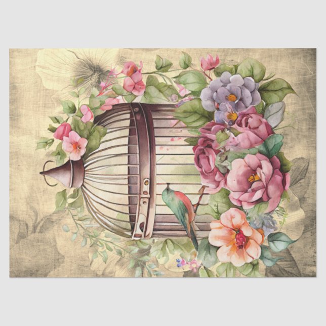 Floral Bird Cage Parchment Background Decoupage  Tissue Paper (Front)