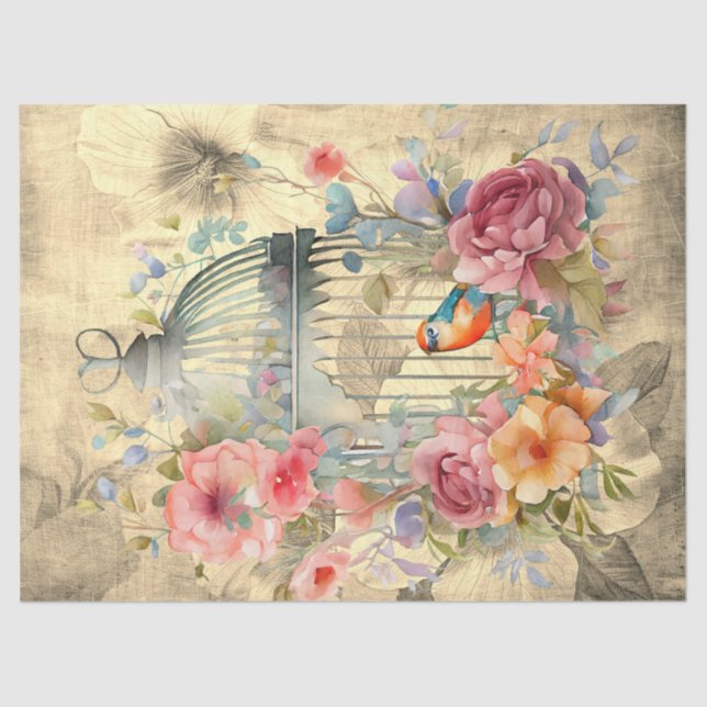Floral Bird Cage Parchment Background Decoupage  Tissue Paper (Front)