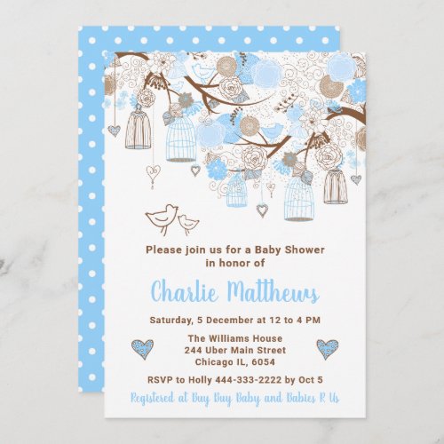 Floral Bird Cages Blue Baby Shower Invitation