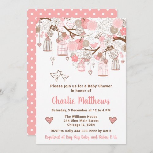 Floral Bird Cages Pink Baby Shower Invitation