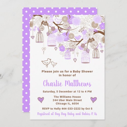 Floral Bird Cages Purple Baby Shower Invitation